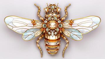 generativ ai, schön Honig Biene Brosche, Opal Stein und golden Farbe Palette isoliert auf Weiß Hintergrund. Schmuck, Schmuck schließen oben foto