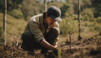 ein Person Pflanzen Bäume oder Blumen, beitragen zu das global Anstrengung zu Wiederaufforstung und wiederherstellen natürlich Lebensräume. generativ ai foto