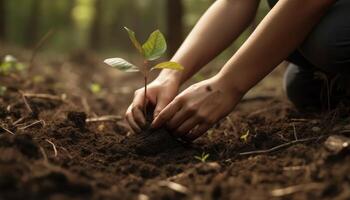 ein Person Pflanzen Bäume oder Blumen, beitragen zu das global Anstrengung zu Wiederaufforstung und wiederherstellen natürlich Lebensräume. generativ ai foto
