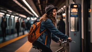 ein Person mit Fahrrad zu arbeiten, reduzieren ihr Kohlenstoff Fußabdruck und fördern umweltfreundlich pendeln. generativ ai foto