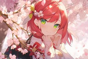 süß Anime Mädchen mit rot Haar und Grün Augen unter das Blühen Sakura . generiert ai. foto