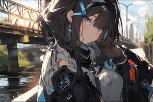 süß Anime Mädchen mit schwarz Haar und Blau Augen auf ein Eisenbahn Brücke Hintergrund beim ein Sommer- Tag. generiert ai. foto