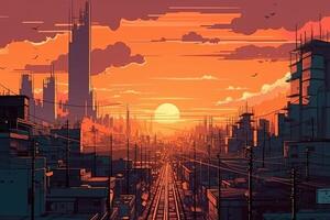 modern Metropole schön Orange Sonnenuntergang im Anime Stil. generiert ai. foto