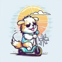 Logo Baby Hund Fahrten ein Roller auf das Straße auf Weiß Hintergrund generativ ai foto