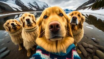 ein Gruppe von golden Retriever Hunde tragen Hund Sweatshirt generativ ai foto