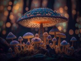 Fantasie Pilz Landschaft im das Wald erstellt mit generativ ai Technologie foto