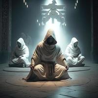 Krieger Mönche im alle Weiß Roben und Hauben meditieren foto