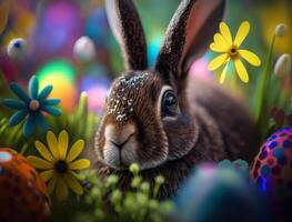 glücklich Ostern Hintergrund Konzept Hase mit Ostern Eier auf Wiese mit Blumen erstellt mit generativ ai Technologie foto