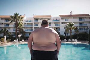 Fett Mann beim Sommer- Urlaube in der Nähe von Schwimmen Schwimmbad. Fettleibigkeit Problem. generativ ai foto