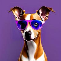 komisch Hund mit Sonnenbrille auf lila Hintergrund. 3d Illustration. foto