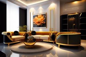 Luxus Innere von Leben Zimmer mit Gold Möbel. 3d machen foto