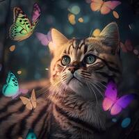 das katzenartig suchen beim Neon- Fantasie Schmetterling ai generativ foto