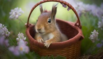 ein Süss Eichhörnchen im ein Ostern Korb , ai generativ foto