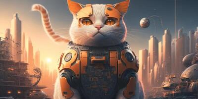 Riese Katze Roboter im das Mitte von das Stadt ai generative foto