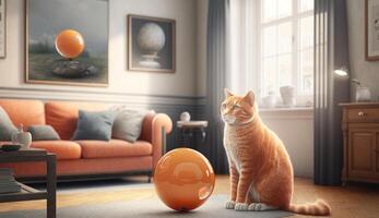 das Ingwer Katze ist spielen Ball im das Leben Zimmer ai generative foto