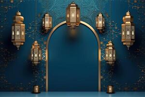 islamisch Laterne golden und Blau Luxus Ornament Ramadan kareem Feier ai generiert foto