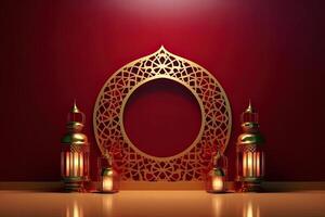 islamisch Laterne golden und kastanienbraun Luxus Ornament Ramadan kareem Feier Hintergrund ai generiert foto