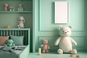 Grün skandinavisch Innere Kinder Schlafzimmer mit Spielzeuge ein Puppen ai generiert foto