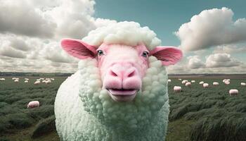 süß komisch flauschige Rosa Schaf auf ein Grün Felder Fantasie Foto