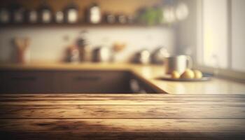 leeren hölzern oben Tabelle verschwommen minimalistisch Küche Hintergrund gemacht mit generativ ai foto