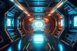 futuristisch Gang Flur Tunnel mit Neon- Licht. Hi-Tech Sci-Fi Durchgang Raumschiff Hintergrund ai generiert foto