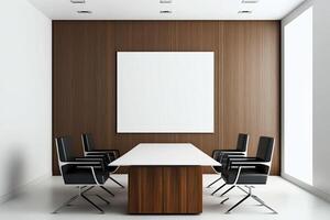 Innere von modern Büro Treffen Zimmer schwarz und Weiß mit hölzern Möbel Konferenz Tabelle mit schwarz Stühle und spotten oben gemacht mit generativ ai foto