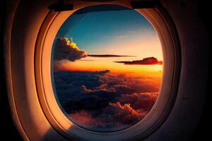 Innerhalb Flugzeug Fenster unter Sonnenuntergang Wolke gemacht mit generativ ai foto