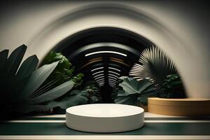 minimalistisch leeren runden hölzern Podium Produkt Vitrine Anzeige mit tropisch Pflanzen generiert ai foto