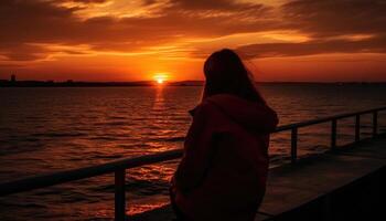 Moment von jemand Aufpassen ein schön Sommer- Sonnenuntergang. generativ ai foto