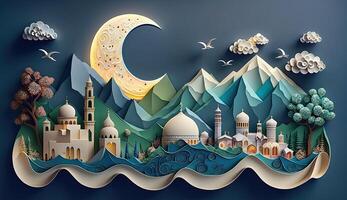 Ramadan Moschee Papier quilling Berg und Meer Landschaft Schneiden Papier mit Blau Himmel Hintergrund ai generiert foto