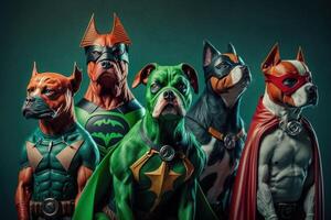 Gang von Hund wie Superhelden mit Kap auf Grün Hintergrund. erstellt generativ ai foto