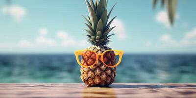 Apfel mit Sonnenbrille auf tropisch Meer Sommer- Hintergrund. generativ ai foto