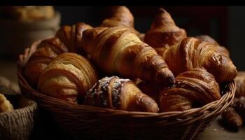 Foto von Croissants im ein Korb. generativ ai