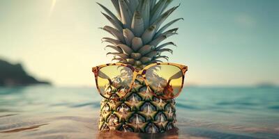 Apfel mit Sonnenbrille auf tropisch Meer Sommer- Hintergrund. generativ ai foto