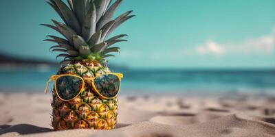 Apfel mit Sonnenbrille auf tropisch Meer Sommer- Hintergrund. generativ ai foto