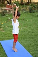 asiatisch Clever Kind tun Yoga Pose im das Gesellschaft Park draussen, Kinder- Yoga Pose. das wenig Junge tun Yoga Übung. foto