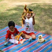 zwei glücklich Jungs im Gesellschaft Park, glücklich asiatisch Brüder Wer sind lächelnd glücklich zusammen. Brüder abspielen draußen im Sommer, Beste Freunde. Kleinkind Baby Junge spielen mit seine glücklich Bruder im das Garten foto