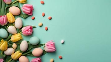 glücklich Ostern Gruß Hintergrund mit Tulpen und dekorativ Eier im verschiedene Farben foto