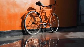 Orange Stadt Fahrrad gegen glänzend Silber Mauer foto