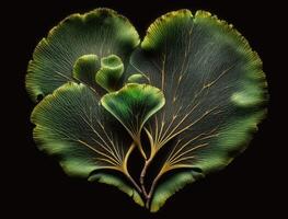 Grün Herz gemacht durch Ginkgo biloba Blätter Umwelt Schutz Konzept erstellt mit generativ ai Technologie foto