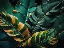 abstrakt Grün tropisch Banane und Monstera Blätter Hintergrund erstellt mit generativ ai Technologie foto