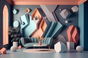 3d Zimmer Innere Design mit geometrisch Formen generativ ai foto