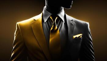 ein Nahansicht Silhouette von ein Reich Geschäftsmann im schwarz und Gold Anzug. generativ ai foto