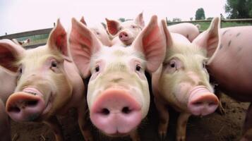 Gruppe von Schweine im Bauernhof Hof. generativ ai foto
