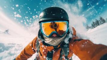 Snowboarder erfasst Epos Moment im erste Person Sicht. generativ ai foto
