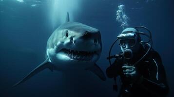 Taucher Selfie erfasst Herzklopfen Moment Vor Begegnung mit Hai. generativ ai foto