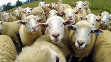 komisch Schaf nehmen ein Selfie auf das Bauernhof. generativ ai foto