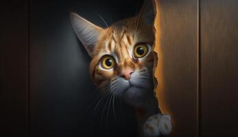 ein überrascht Katze im ein Mauer Loch. generativ ai foto