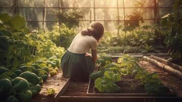 schön Frau kultiviert ihr besitzen frisch, organisch Gemüse im ein klein Garten. generativ ai foto