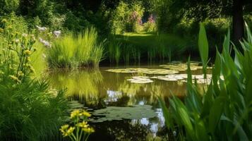 Teich im das Sommer- Garten. Illustration ai generativ foto